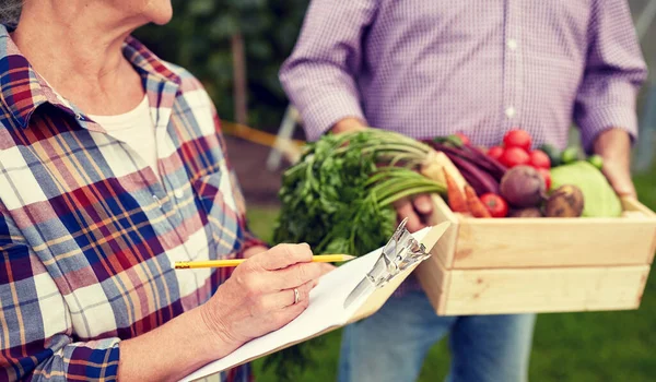 Senior couple with box of vegetables at farm — Stock Photo, Image
