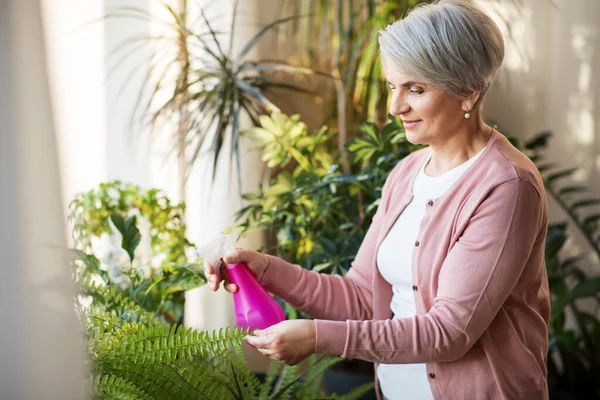 Gelukkig senior vrouw spuiten kamerplanten thuis — Stockfoto
