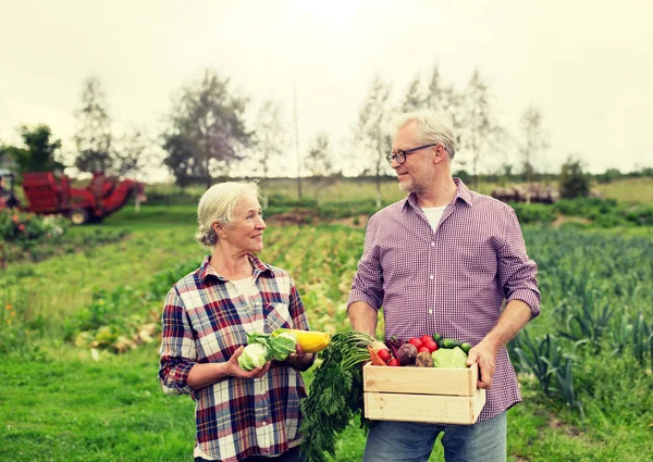 Senior couple with box of vegetables on farm — Stock Photo, Image