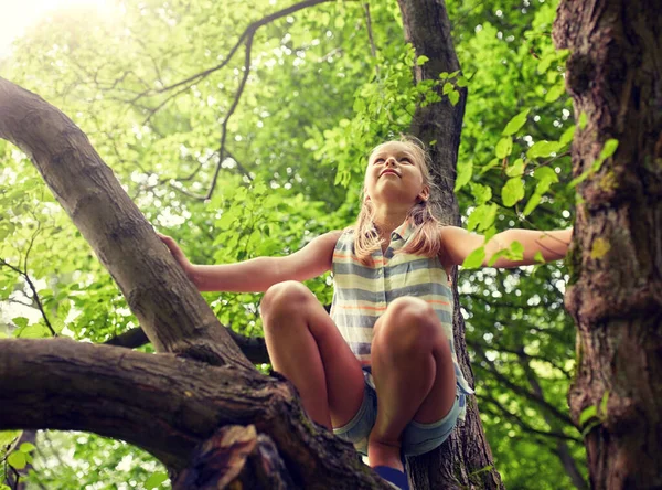 Glad tjej klättra upp i träd i sommar park — Stockfoto