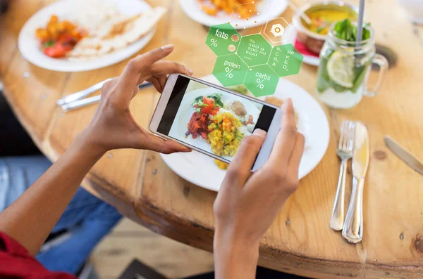 Ręce ze smartfonem i jedzeniem w restauracji — Zdjęcie stockowe