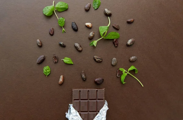 Coklat gelap bar dengan peppermint dan biji kakao — Stok Foto