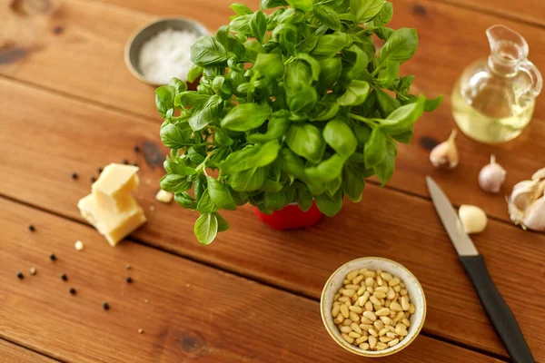 Ingredientes para la salsa de pesto de albahaca en mesa de madera —  Fotos de Stock