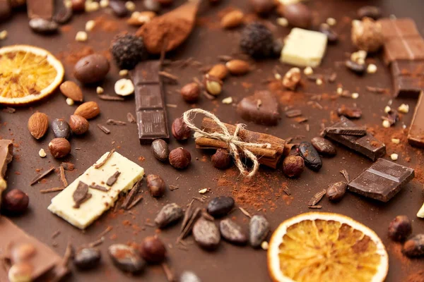 Biji kakao, coklat, kacang dan kayu manis tongkat — Stok Foto