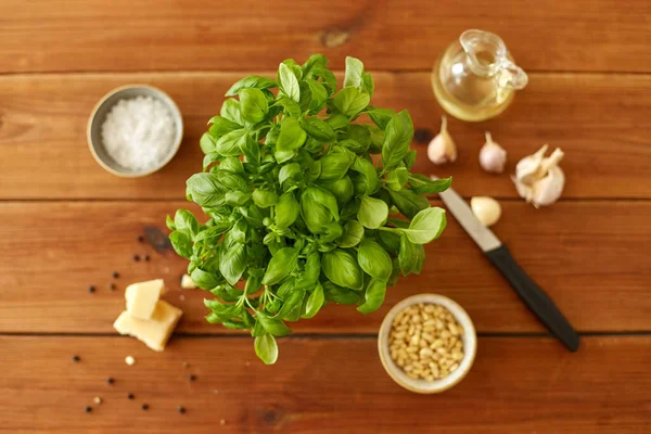 Ingredienti per salsa di pesto al basilico sul tavolo di legno — Foto Stock