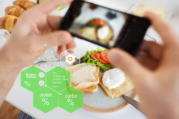 Ręce z jedzeniem na ekranie smartfona — Zdjęcie stockowe