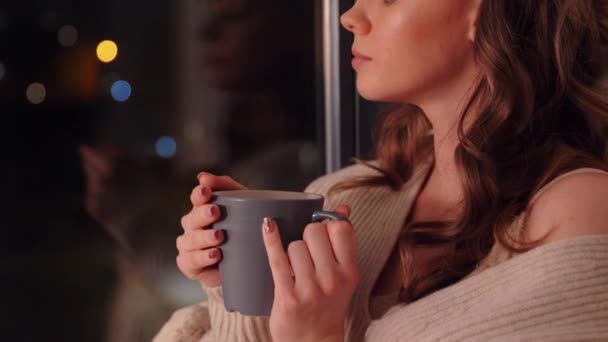 Mujer joven bebiendo café o té en la ventana — Vídeo de stock