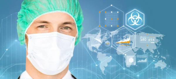 Surgeon in mask with worldwide biohazard caution — Stock fotografie