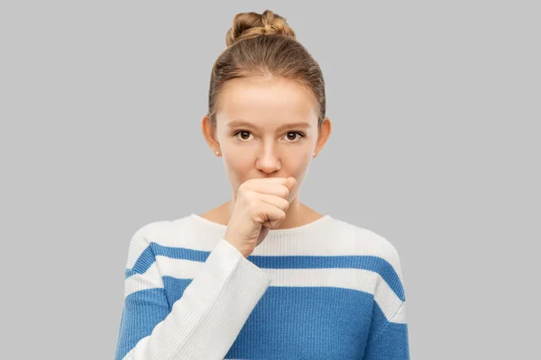 Sick coughing teenage girl in pullover — Zdjęcie stockowe