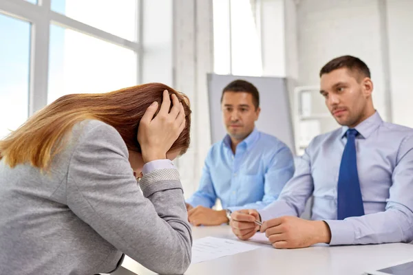 Desperate woman on job interview at office — Stock Photo, Image
