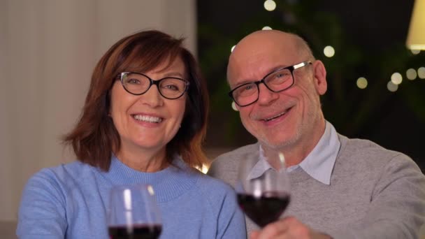 Feliz pareja mayor con copas de vino tinto — Vídeos de Stock