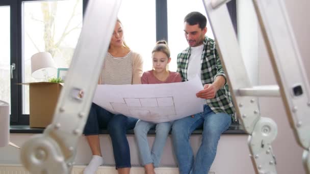 Famille heureuse avec un plan de déménagement dans une nouvelle maison — Video