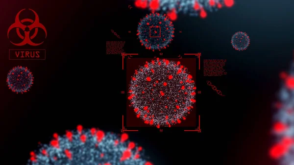 Modelo virtual de células coronavirus sobre fondo negro —  Fotos de Stock