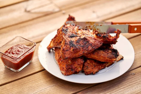 Grilled barbecue meat stack on plate — Stock Photo, Image