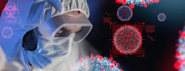 Närbild av vetenskapsman och coronavirus hologram — Stockfoto