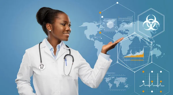 Afrikaans-Amerikaanse arts over de wereld pandemie kaart — Stockfoto