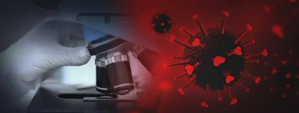 Närbild av hand med mikroskop och coronavirus — Stockfoto