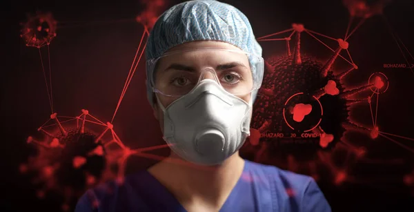 Лікар в окулярах і респіраторі над коронавірусом — стокове фото