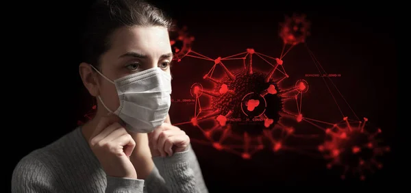 Mujer enferma en protector médico máscara coronavirus —  Fotos de Stock