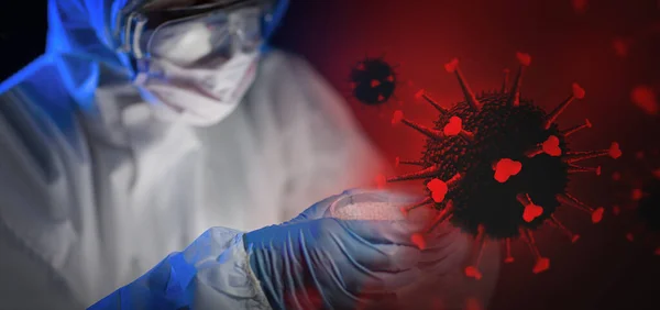 Крупним планом вчений і коронавірус голограма — стокове фото