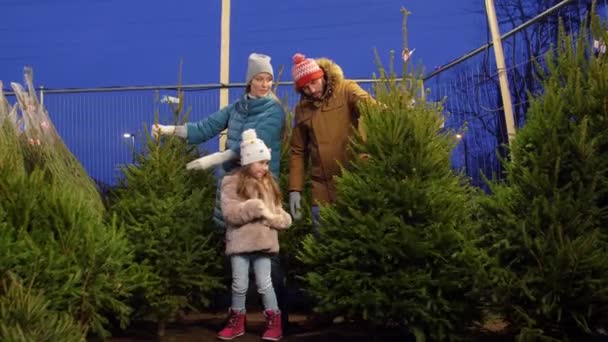 Щаслива сім'я купує ялинку на ринку — стокове відео