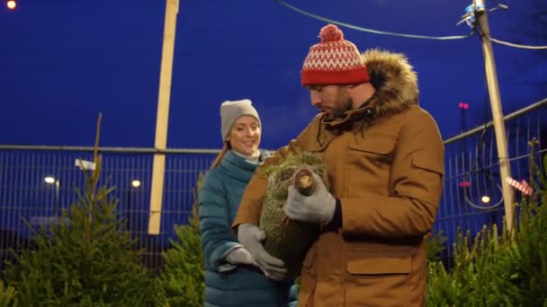 Happy couple buying christmas tree at market — Stock Footage Happy couple buying christmas tree at market Royalty Free Stock Video