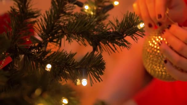 Mujer decorando árbol de navidad con bola — Vídeos de Stock