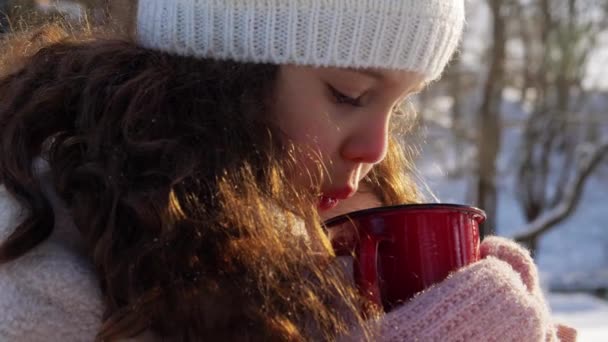 Menina com xícara de chá quente no parque de inverno — Vídeo de Stock