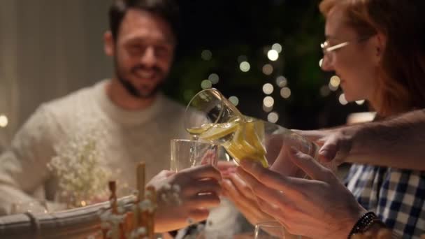 Amigos felices teniendo la cena de Navidad en casa — Vídeos de Stock