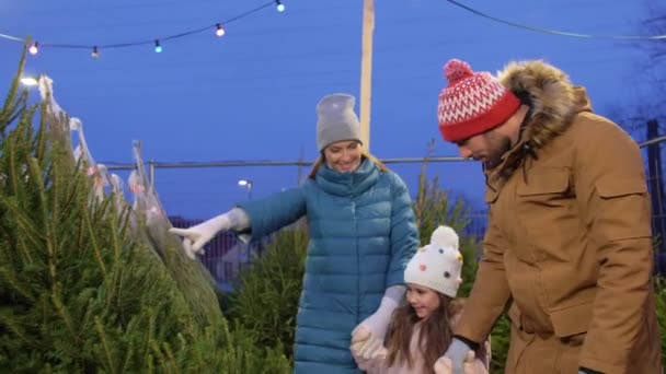 Gelukkig familie kopen kerstboom op de markt — Stockvideo