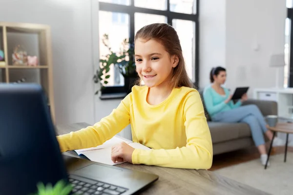 Bilgisayarlı kız öğrenci evde internetten öğreniyor. — Stok fotoğraf