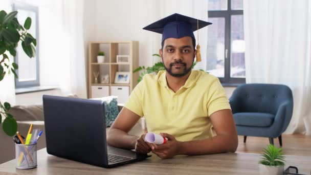 Happy indian student with diploma at home — Stock Video