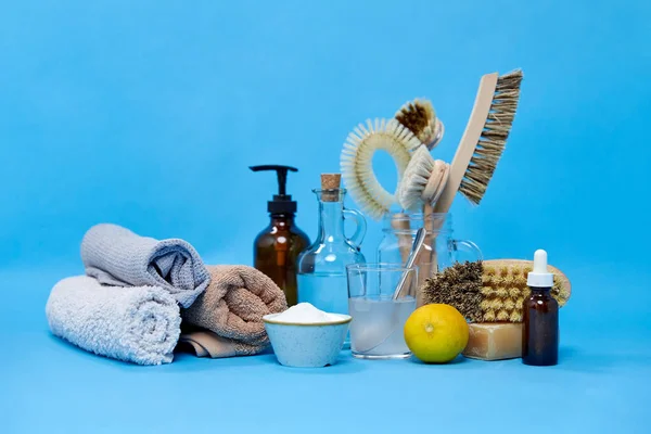 Lemon, sabun, soda cuci, cuka dan sikat — Stok Foto