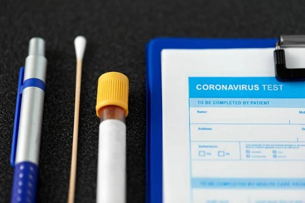 Medical report, test tube, cotton swab and pen — Stock Photo, Image