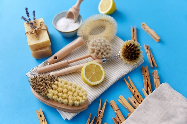 Cepillos de limpieza, pinzas de limón y de madera — Foto de Stock