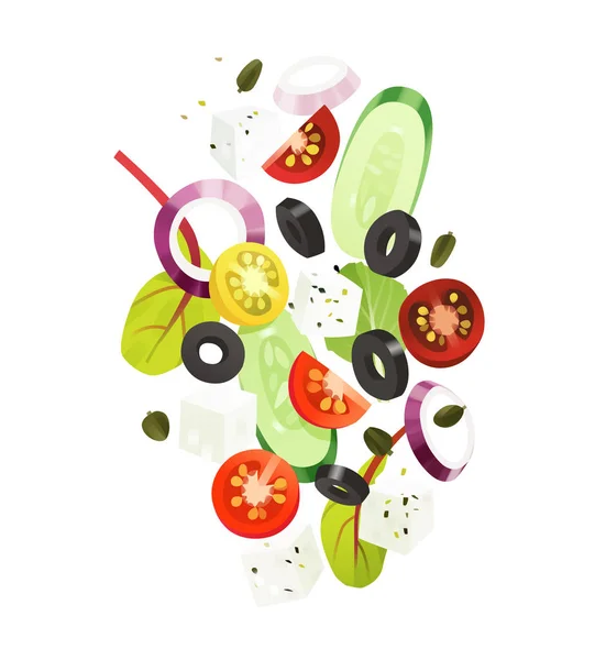 Salada Grega Legumes Fatiados Queijo Feta Alcaparras Alface — Vetor de Stock