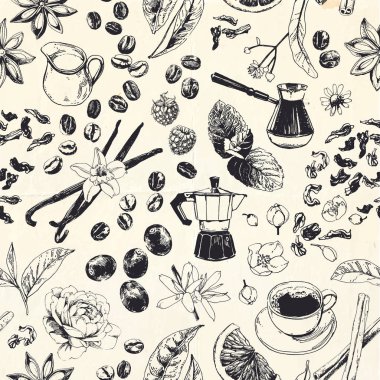 Çay ve kahveye bağlı malzemelerle kusursuz bir arkaplan. 