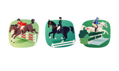 Olimpik binicilik disiplinleri için vektör simgeleri örneğin atlama, binicilik ve kros