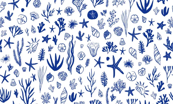 Meer Welt Nahtlose Muster Hintergrund Mit Muscheln Und Meerespflanzen Sommerzeit — Stockvektor