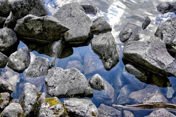 Stones Rocks Transparent Surface Lake Reflects Mountain Tatras Poland — Stock Photo, Image