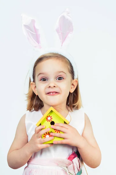 Portrait Smiling Easter Kid Holding Birds House — Stock Photo, Image