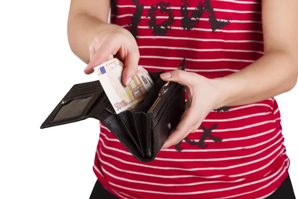 Гаманець з грошима в руках жінок, витрачаючи гроші — стокове фото