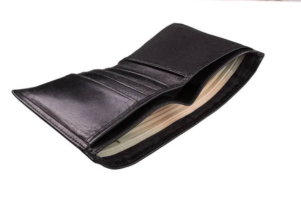 Черный кошелек с деньгами изолированы на белом фоне — стоковое фото