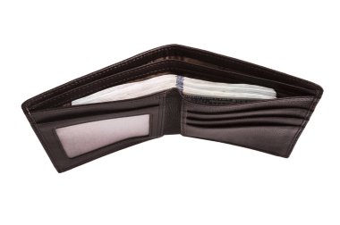 adamın cüzdanını parayla beyaz arka plan üzerinde izole kahverengi