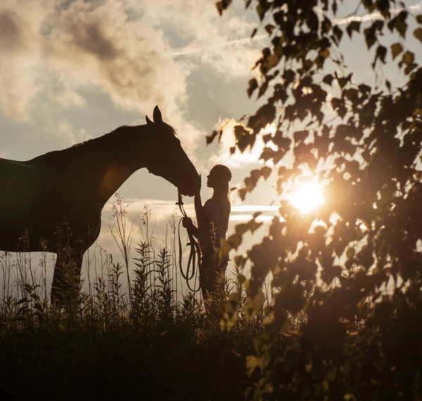 Vacker ung kvinna poserar med en häst — Stockfoto