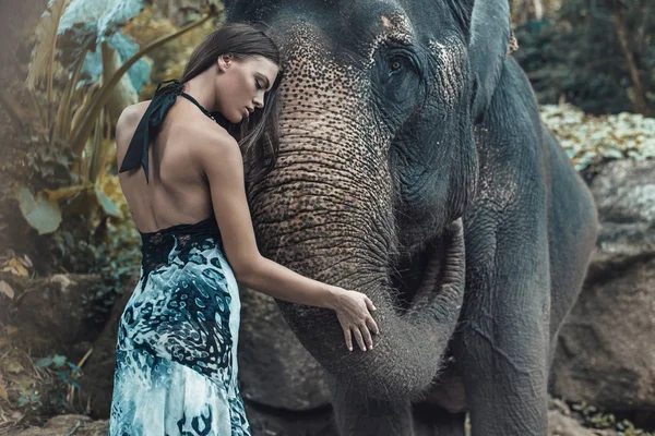 Όμορφη κυρία που αγκαλιάζει ένα υπέροχο Ινδικό ελέφαντα — Φωτογραφία Αρχείου