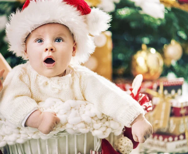Viehättävä pieni poika joulukuusi taustalla — kuvapankkivalokuva