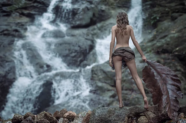 Nackte Dame beobachtet einen Wasserfall — Stockfoto