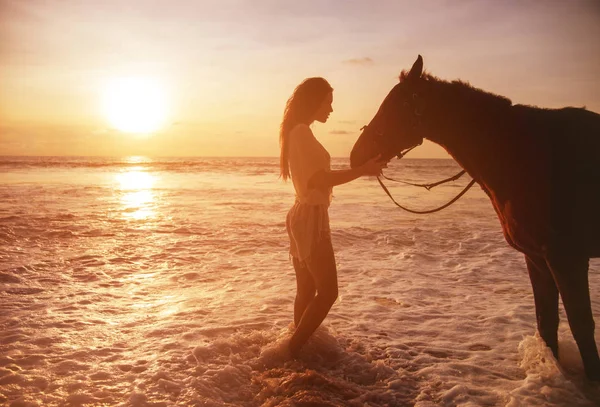Retrato de la bella dama con un caballo — Foto de Stock