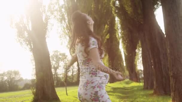 Zwangere vrouw genieten van een zomerweer - frisse weide. — Stockvideo